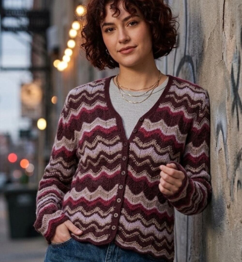 Vintage Rena Rowan Button Up Open Weave Multicolor Wool Blend Sweater